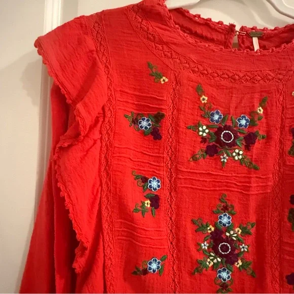 Free People Amy Red Floral Embroidered Cottagecore Top - Picture 5 of 11